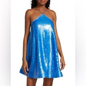 Alexis Shana Azure Sequin Mini Dress NWT Size S babydoll A line halter neck
